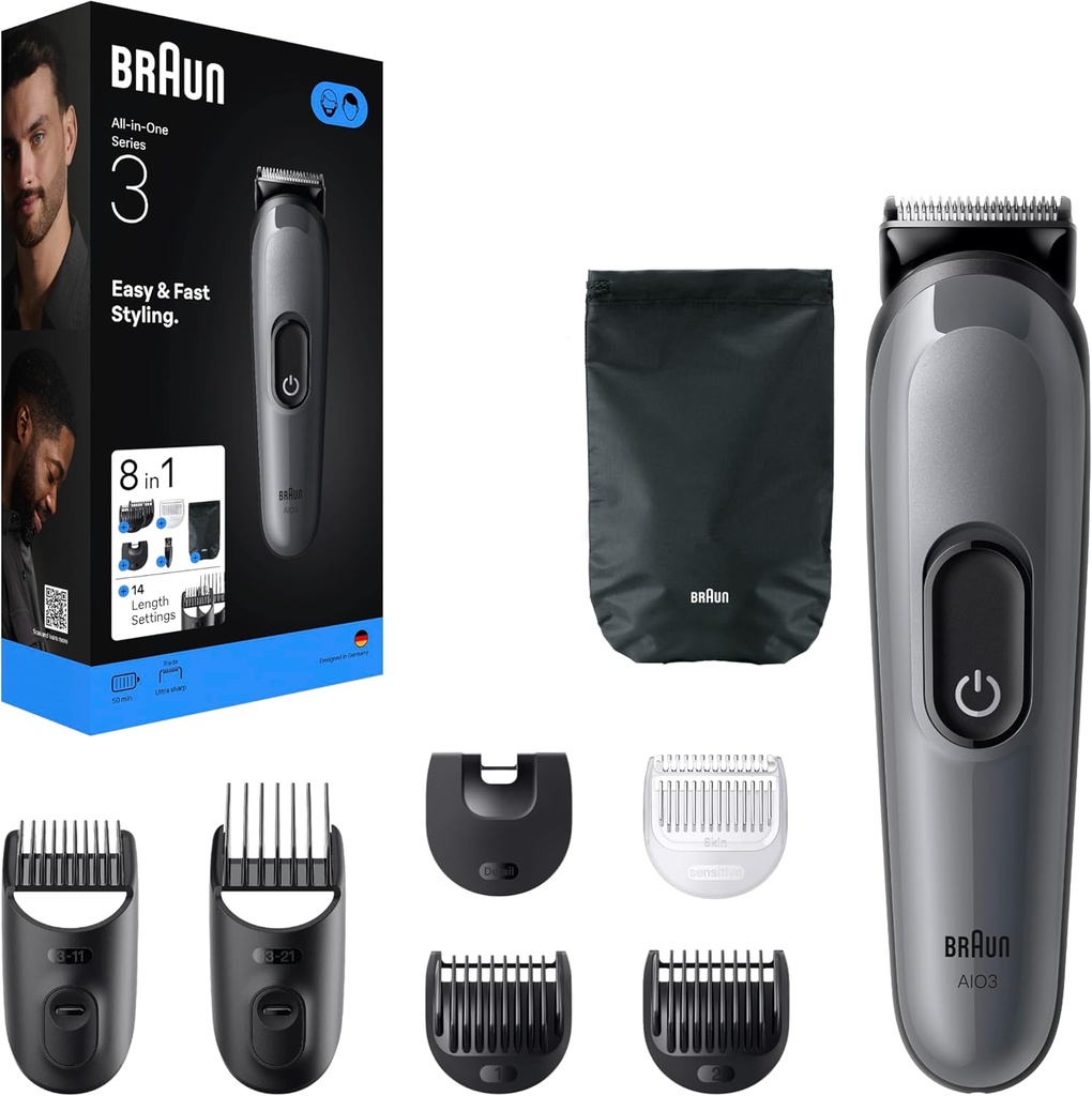 Braun All In One Series 3 8 In 1 Rechargeable Wet and Dry Hair Trimmer, Black - AIO3540