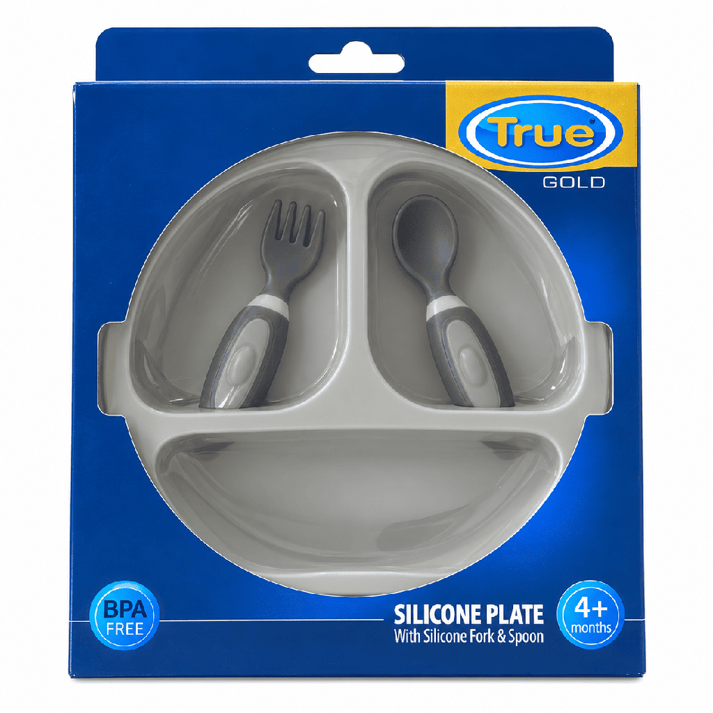 True Gold Silicon feeding set includes Plate, Fork & spoon