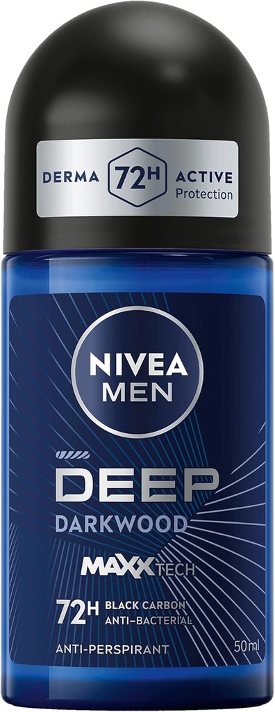 NIVEA MEN Antiperspirant Roll-on for Men, DEEP Black Carbon Antibacterial, Dark Wood Scent, 50ml