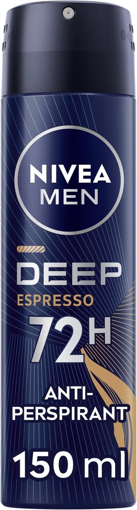 NIVEA MEN Deep Espresso Spray 150ml, with Black Carbon, 72H Sweat & Odor Protection, Energizing Espresso Scent