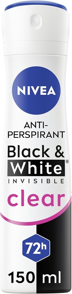 NIVEA Antiperspirant Spray for Women, 72h Protection, Black & White Invisible Clear, 150ml