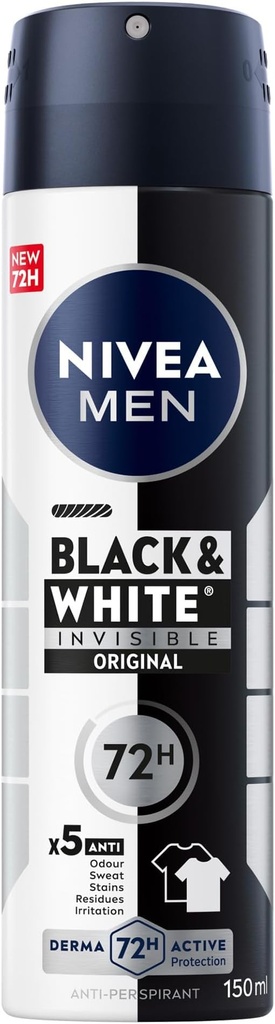NIVEA MEN Black & White Invisible Antiperspirant Deodorant Spray, Original, 5IN1, 150ml
