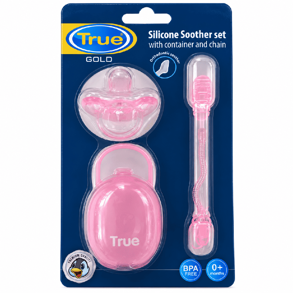 True Gold Silicone Soother Set With Container & Chain +0M