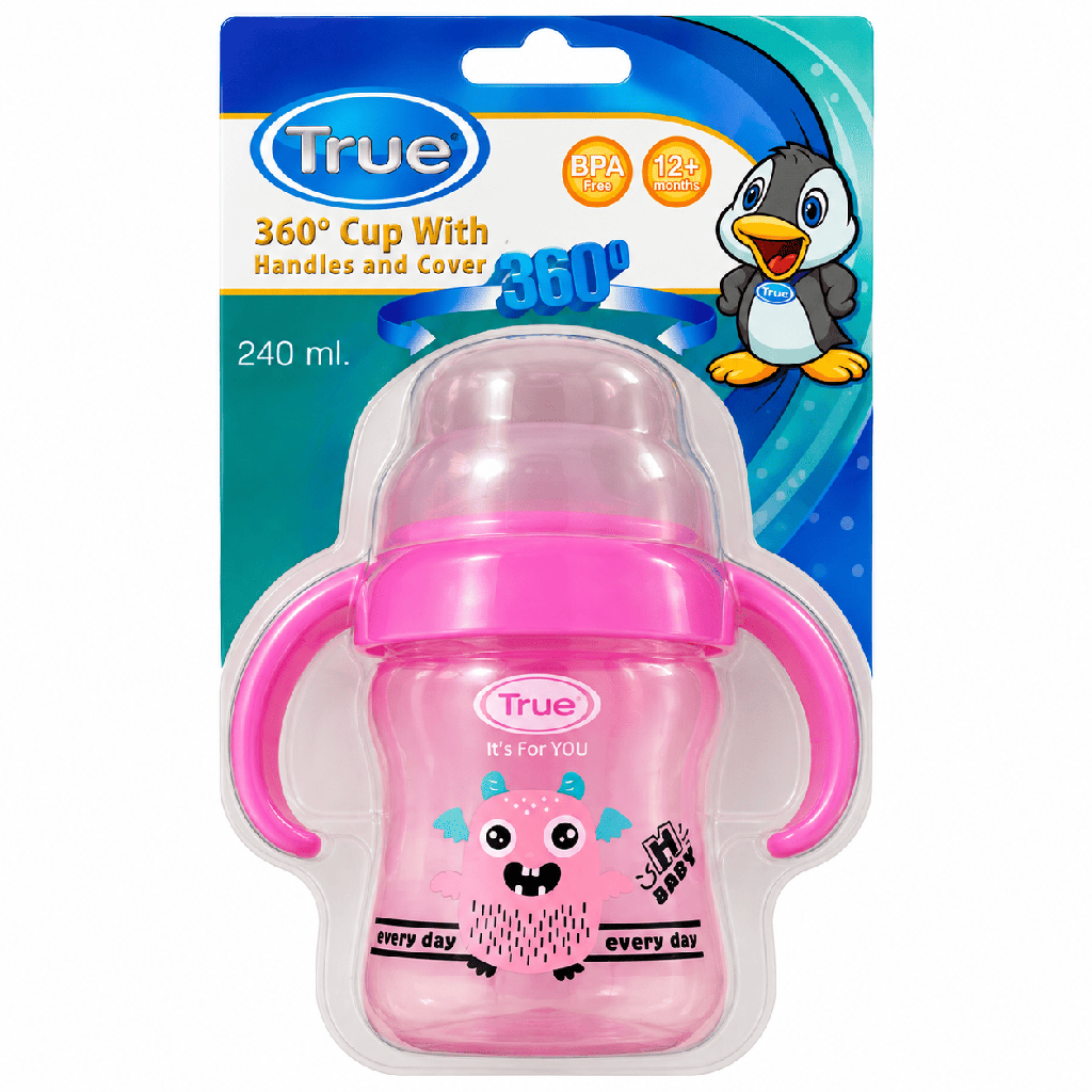 True 360 cup 12+m 240ml with handles & cover PINK
