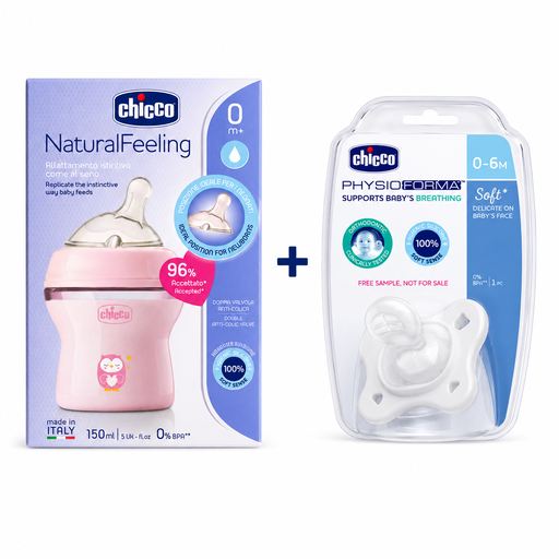 Chicco Natural Feeling Bottle 0m+ 150ml pink + PhysioForma Orthodontic Silicone Pacifier